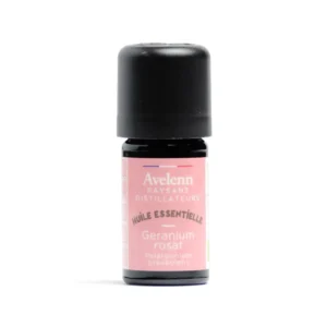 Flacon de 5 ml d'huile essentielle de géranium rosat bio de la marque AVELENN