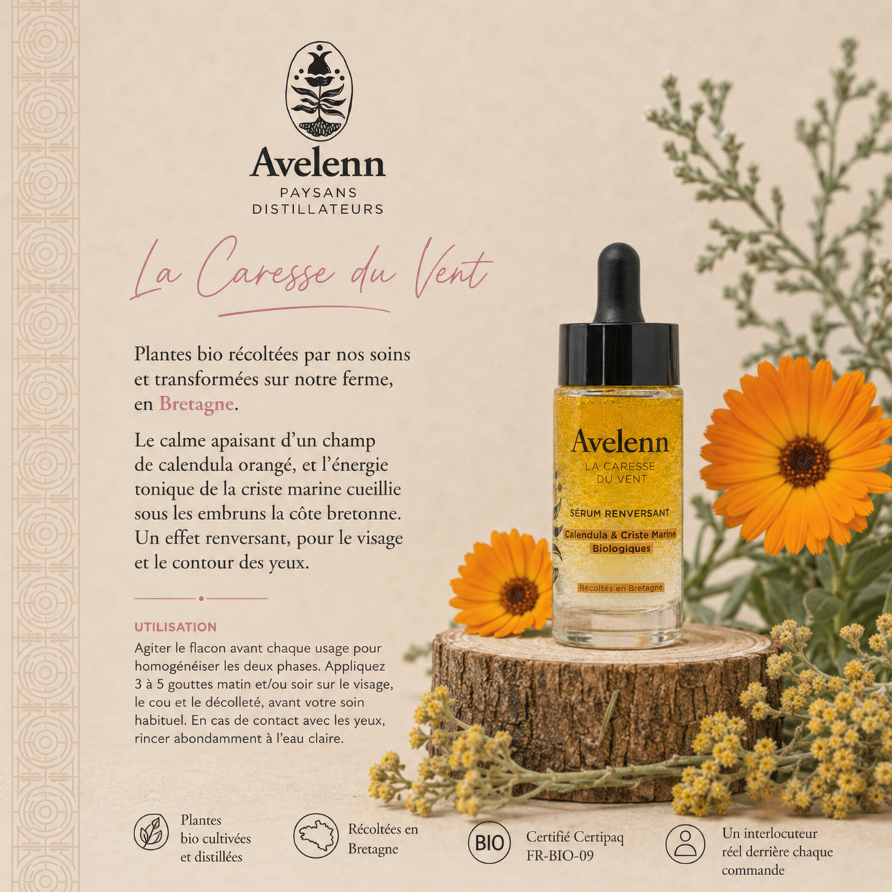 Découvrez le soin biphase calendula et criste marine bio AVELENN (30 ml). Alliant douceur et tonus, il apaise et revitalise le visage et le contour des yeux.