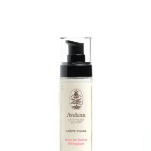 Flacon en verre avec poussoir de 50 ml de crème de rose de Damas bio de la marque AVELENN