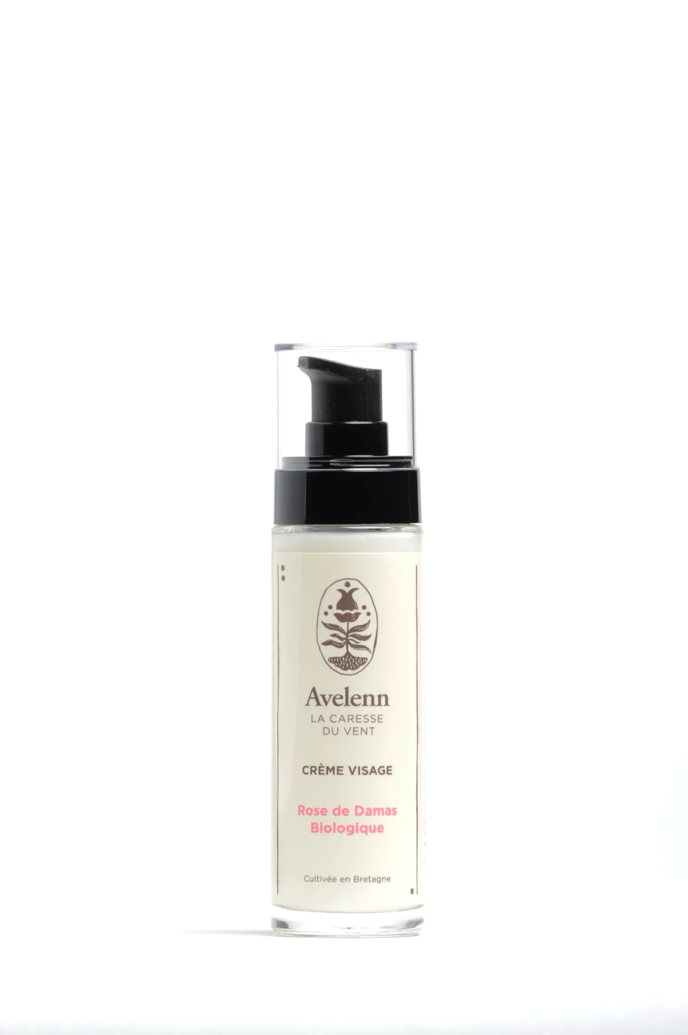 Flacon en verre avec poussoir de 50 ml de crème de rose de Damas bio de la marque AVELENN